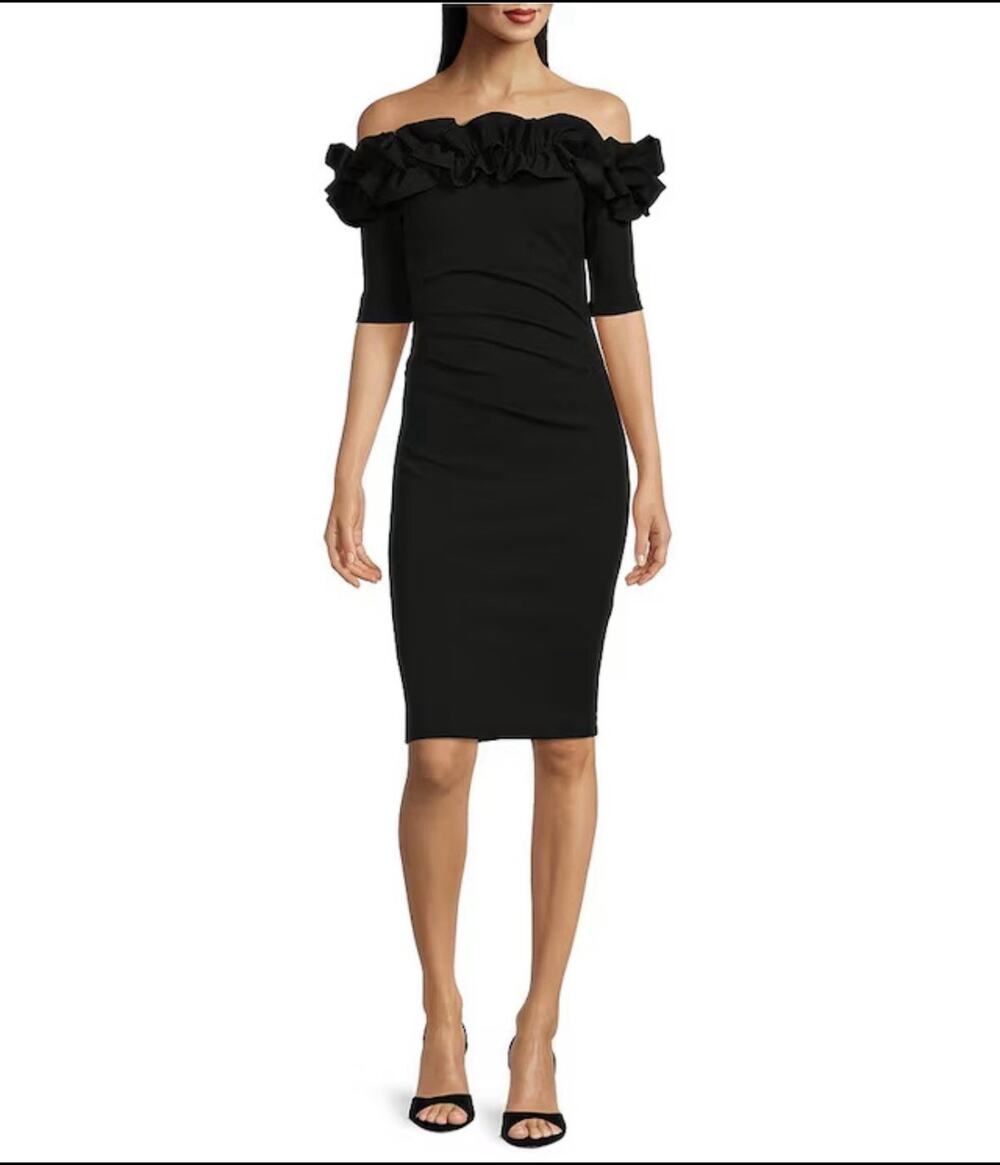 Xscape Off-the-Shoulder Ruffle Neck Scuba Dress Sz 16 Short Sleeve Stretch Black